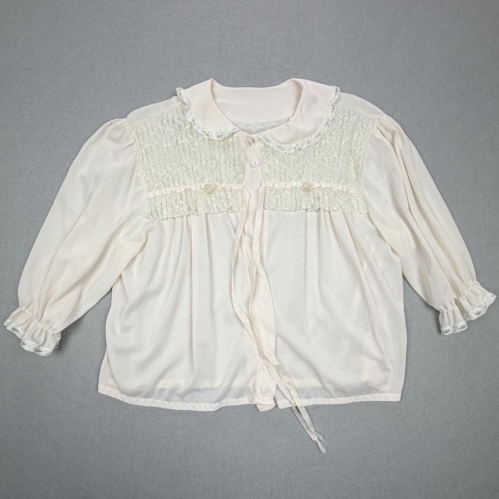 Vintage Pink Sheer Lace Bed Jacket Ruffle Floral Trim Loungewear Top
